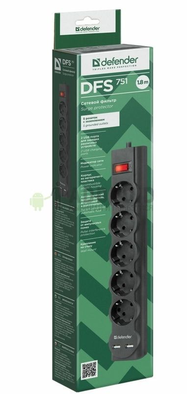 Сетевой фильтр Defender DFS 751, 5 розеток, Черный 1,8 м (2хUSB 2,1A)