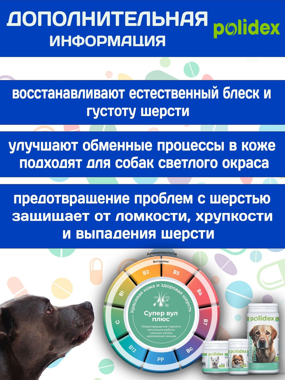 Polidex SuperWool Plus для собак, Кормовая добавка для улучшения состояния кожи, шерсти и когтей, а также для профилактики дерматитов у собак и щенков Полидекс Супер Вул плюс, 500таб