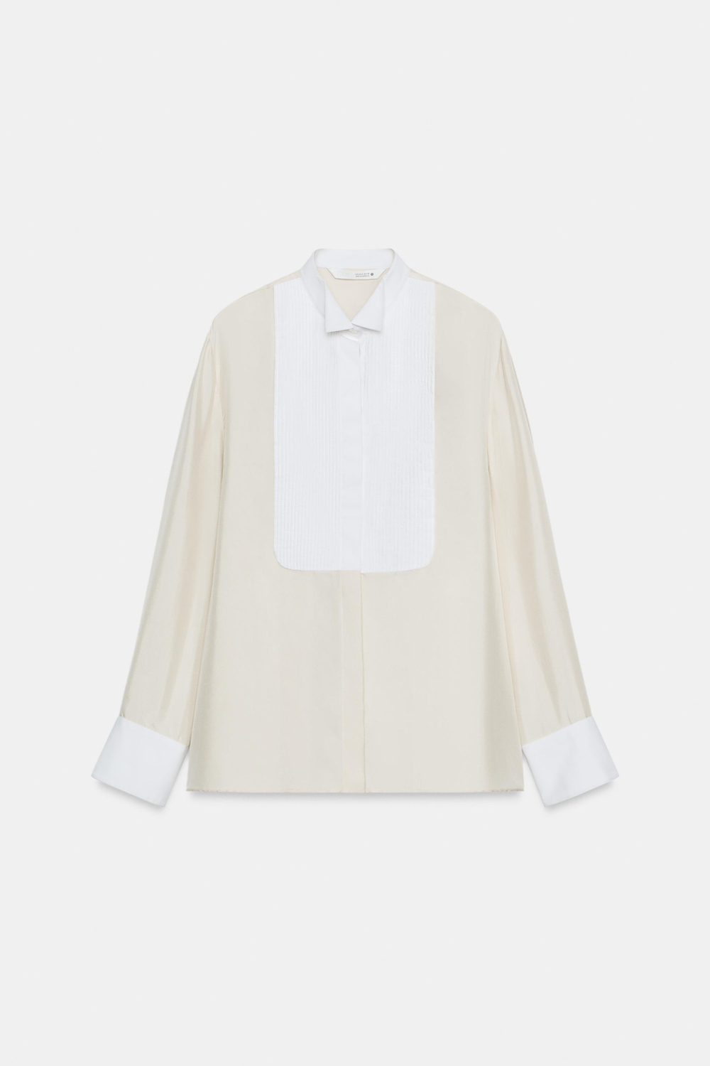 ZARA РУБАШКА С НАГРУДНИКОМ ИЗ 100% ШЕЛКА — ZW COLLECTION, ЦВЕТ СЛОНОВОЙ КОСТИ