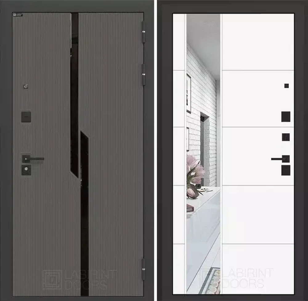 Входная металлическая дверь CARBON (Карбон) с зеркалом 19 Белый софт / Графит Лофт