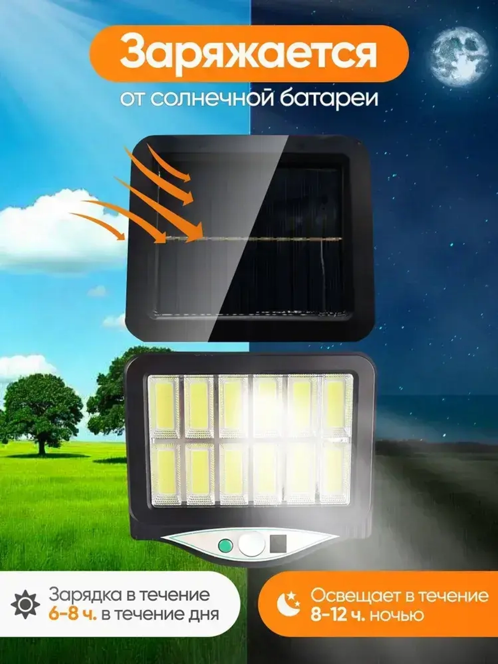 Прожектор светодиодный уличный с датчиком движения, на солнечной батарее