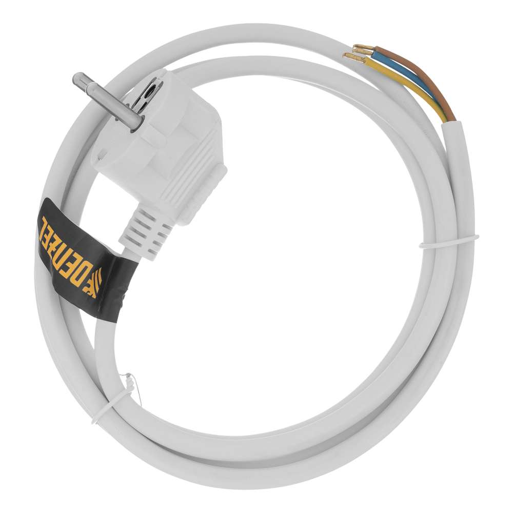 Шнур сетевой Energy Series, ПВС, 1,5 м, 3 x 1 мм, с неразборной вилкой, белый, Denzel