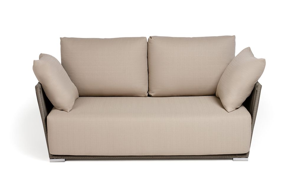 "Форли" диван 2-местный плетеный из роупа, каркас алюминий светло-серый (RAL7035) муар, роуп серо-коричневый 23мм, ткань Mossle бежевая