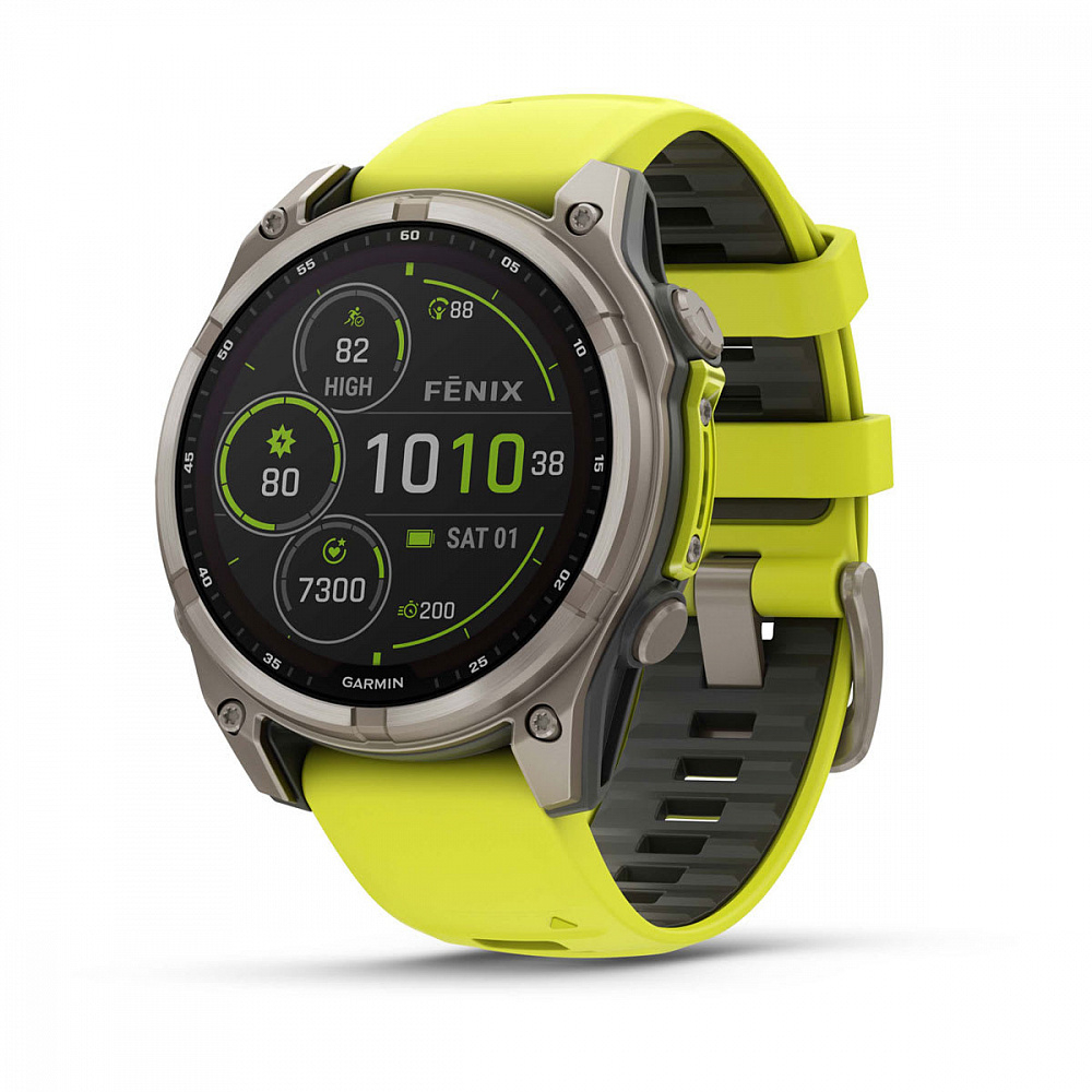 Смарт-часы Garmin Fenix 8 - 47 мм, Solar, Sapphire серебристый корпус, желтый силиконовый ремешок