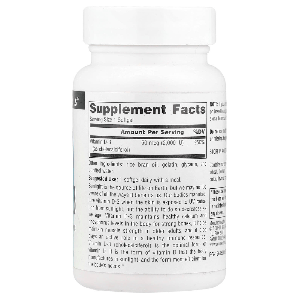 Source Naturals, витамин D3, 50 мкг (2000 МЕ), 200 мягких таблеток