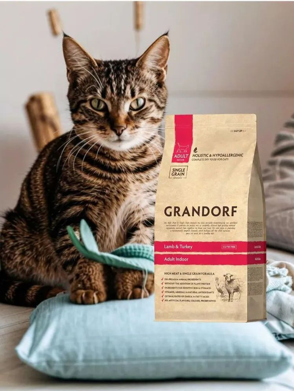 Корм сухой для домашних кошек, Grandorf Cat Lamb&Turkey Indoor Adult для взрослых кошек с нормальной активностью, чувствительным пищеварением или склонных к аллергии, 400 гр (ягненок с индейкой)