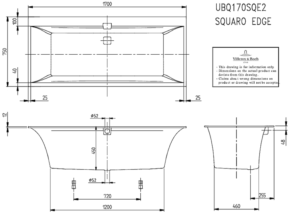 Квариловая ванна Villeroy&Boch Squaro Edge 12 170x75 UBQ170SQE2DV-01 без гидромассажа