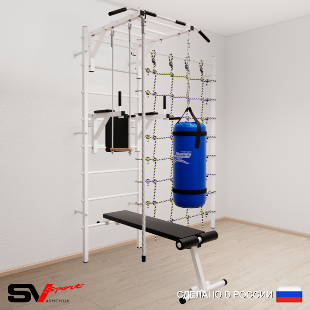 Шведская стенка Sv Sport усиленная 65610 (Турник рукоход/Брусья/Скамья/Канат/Трапеция/Цепь/Мешок 15кг/Канатный лаз)