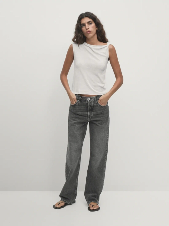 Massimo Dutti Хлопковый топ с драпировкой на плечах, белый