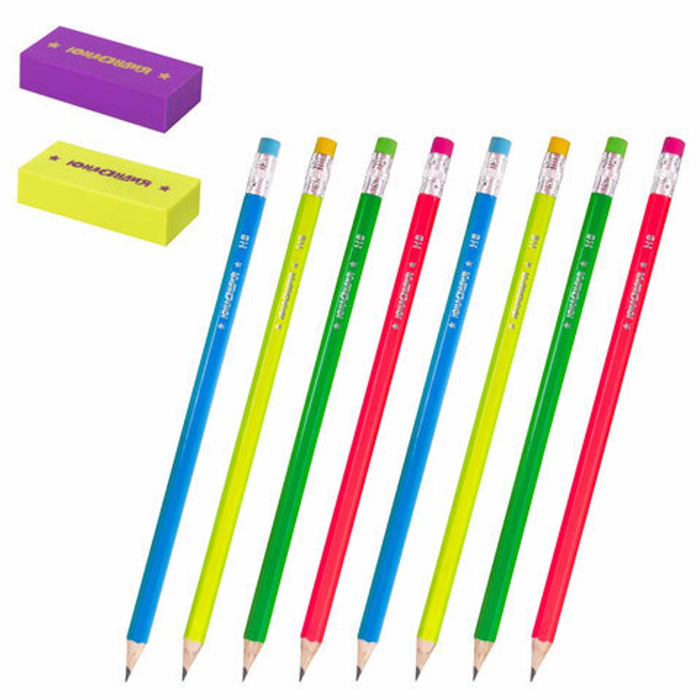 Набор ЮНЛАНДИЯ "Неончики", 8 карандашей чернографитных HB + 2 ластика, блистер, 181783