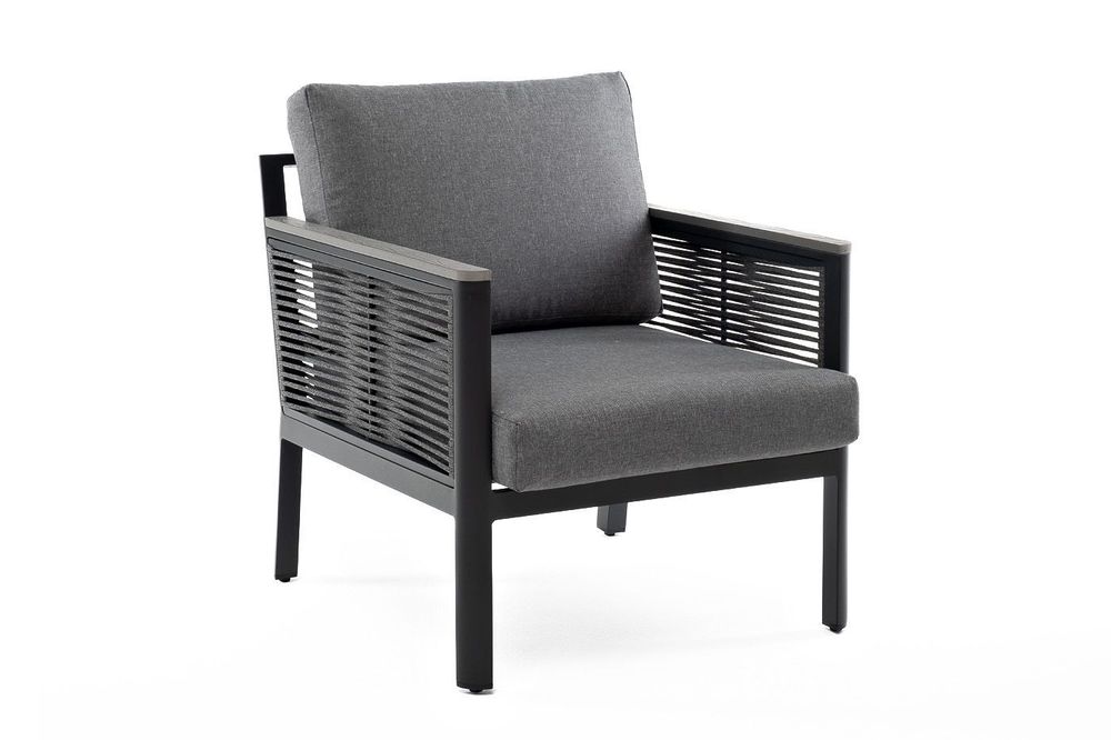 "Сан Ремо" кресло плетеное из роупа садовое, каркас алюминий темно-серый, роуп серый, ткань серая