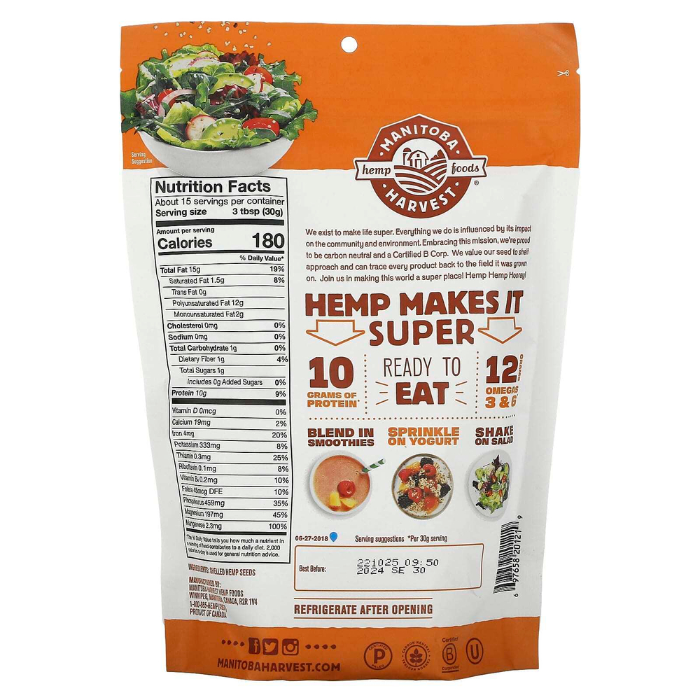 Manitoba Harvest, Hemp Hearts, очищенные семена конопли, 454 г (1 фунт)