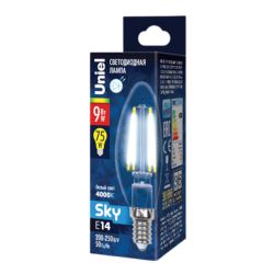 LED-C35-9W-4000K-E14-CL PLS02WH Лампа светодиодная. Форма свеча. прозрачная. Серия Sky. Белый свет 4000К. Картон. ТМ Uniel.