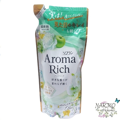 Кондиционер для белья Элли формула сохранения неизменного аромата и красоты тканей с натуральными маслами LION Aroma Rich Ellie 028, мягкая упаковка 380 мл.