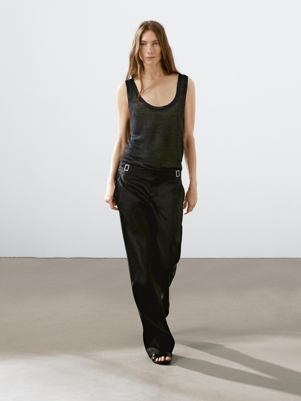 Massimo Dutti Трикотажный топ из смесового льна на бретелях, темно-серый