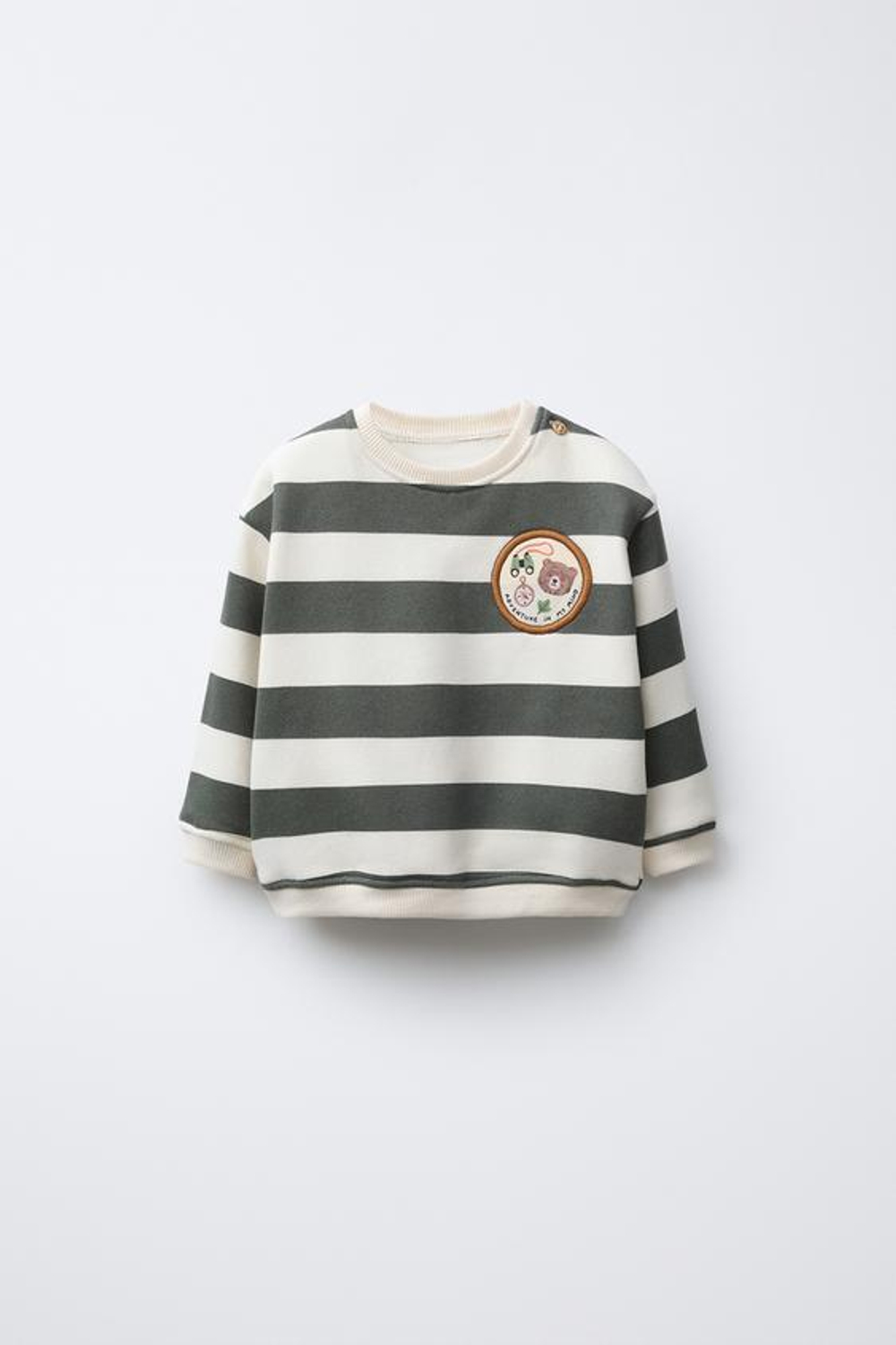 ZARA ТОЛСТОВКА В ПОЛОСКУ С НАШИВКОЙ «МЕДВЕДЬ», ЭКРЮ/ХАКИ