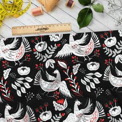 Ткань атлас белая на чёрном роспись