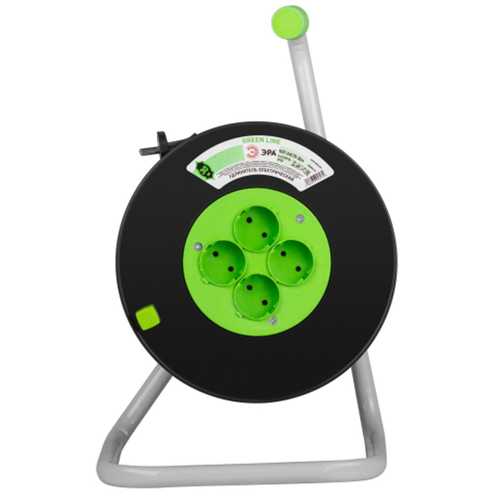 Удлинитель силовой ЭРА GREEN LINE KAT-2x0.75-30m Greenline на катушке пластик 4 розетки без заземления 30м ПВС 2x0.75мм2 | Силовые удлинители