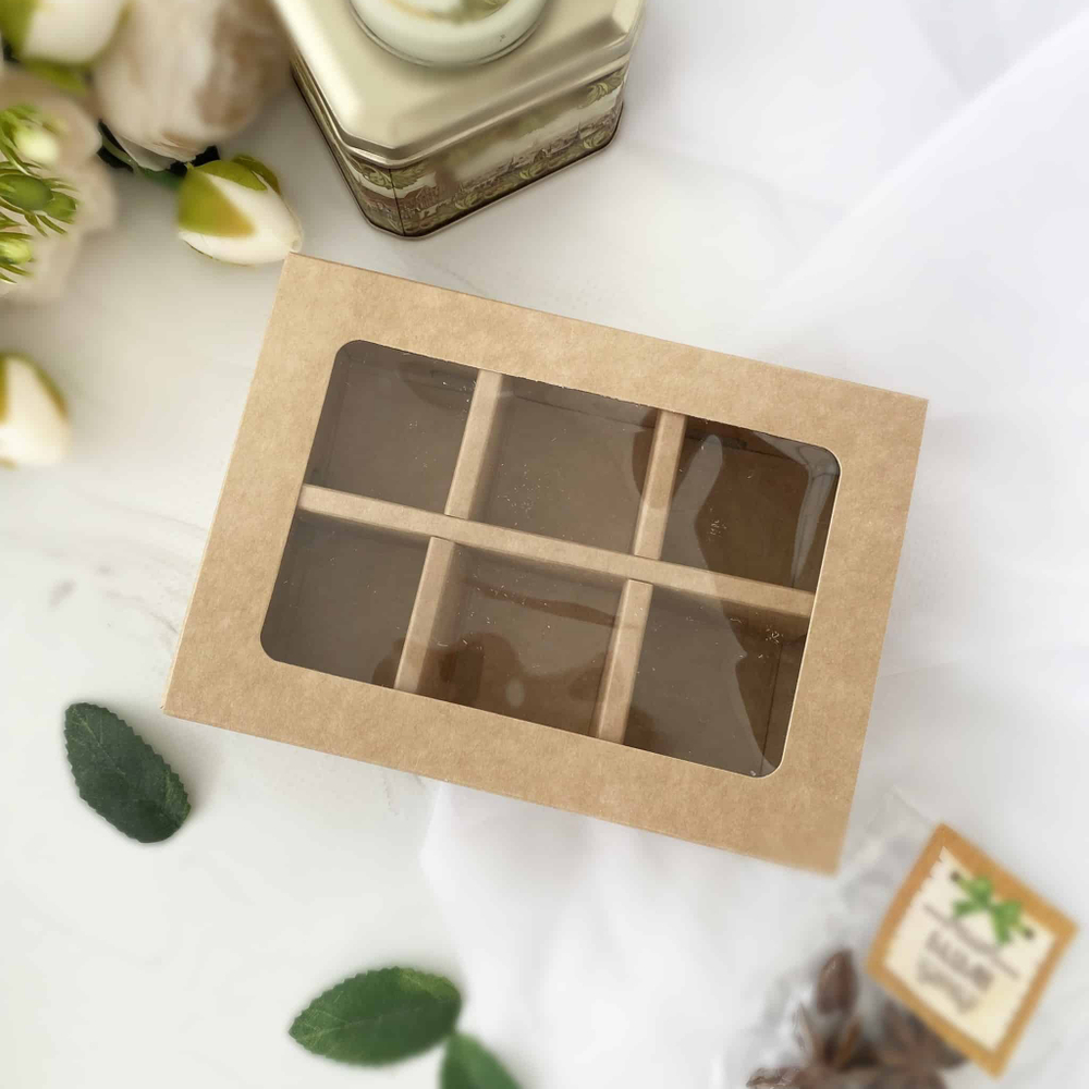 Коробка для 6 конфет с окном 137*99*39 мм (КРАФТ)