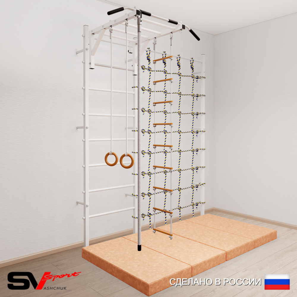 Шведская стенка Sv Sport 52140 (Турник рукоход/Канат/Кольца/Лестница/Мат 2м/Канатный лаз)
