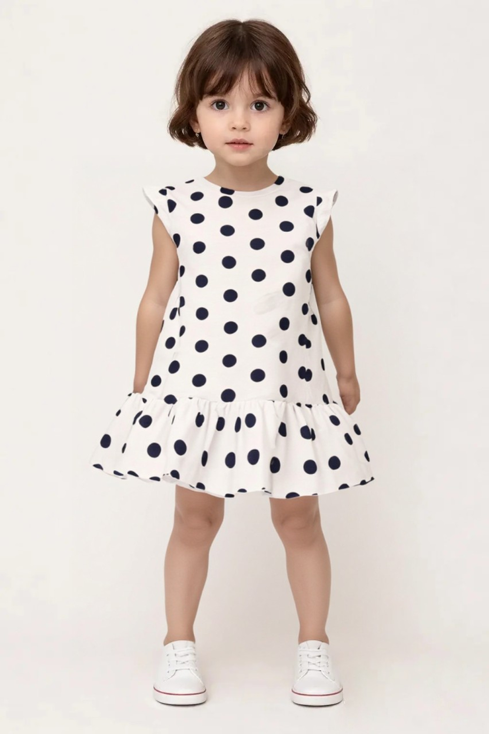 10566 Платье детское с оборкой, рукав крылышко кулирка черный горох на белом (56-98/104)