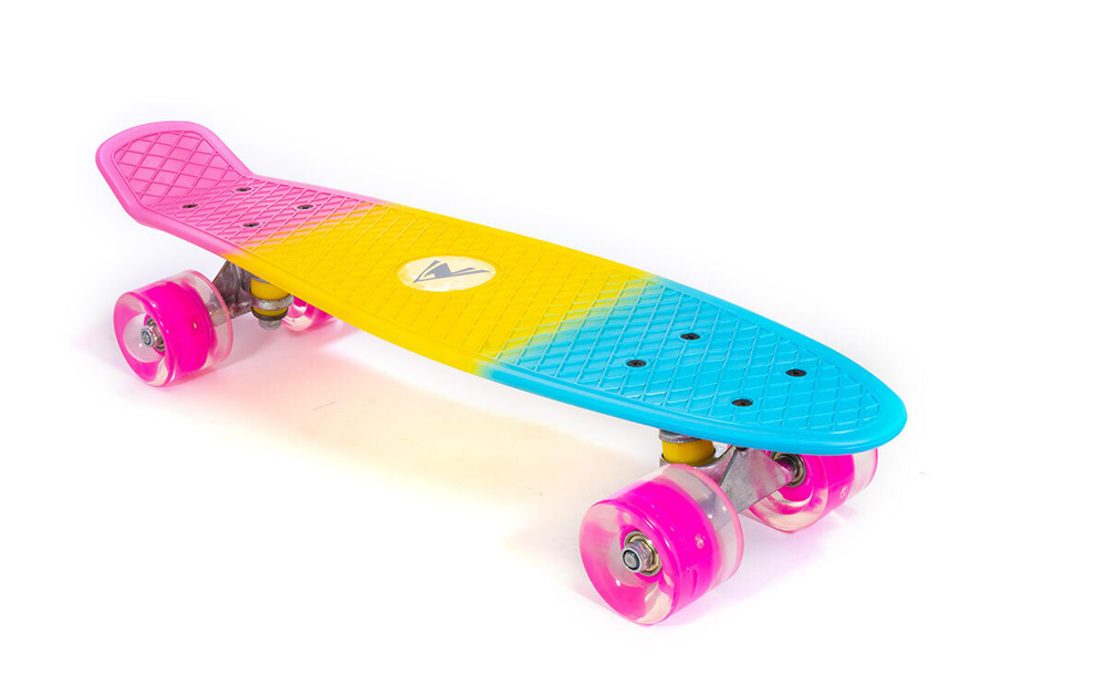 Скейтборд TRIX мини 22" 56 см , пластик, подвеска-алюм., колеса светящиеся PU 45х60 мм розовые, ABEC 7, голуб/желт/роз.