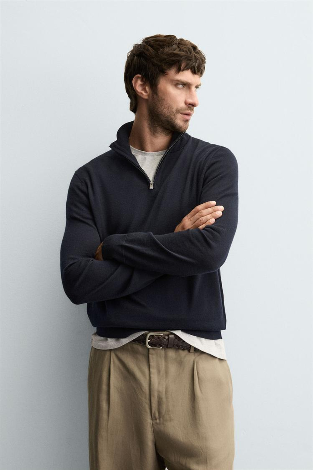 ZARA ШЕРСТЯНОЙ СВИТЕР С ВОРОТНИКОМ НА МОЛНИИ, МОРСКОЙ СИНИЙ