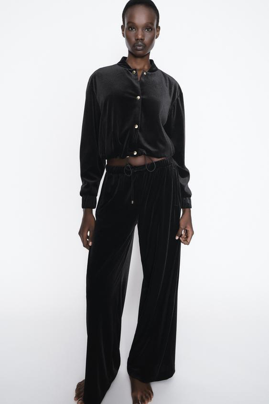 ZARA ШИРОКИЕ БАРХАТНЫЕ БРЮКИ, ЧЕРНЫЙ