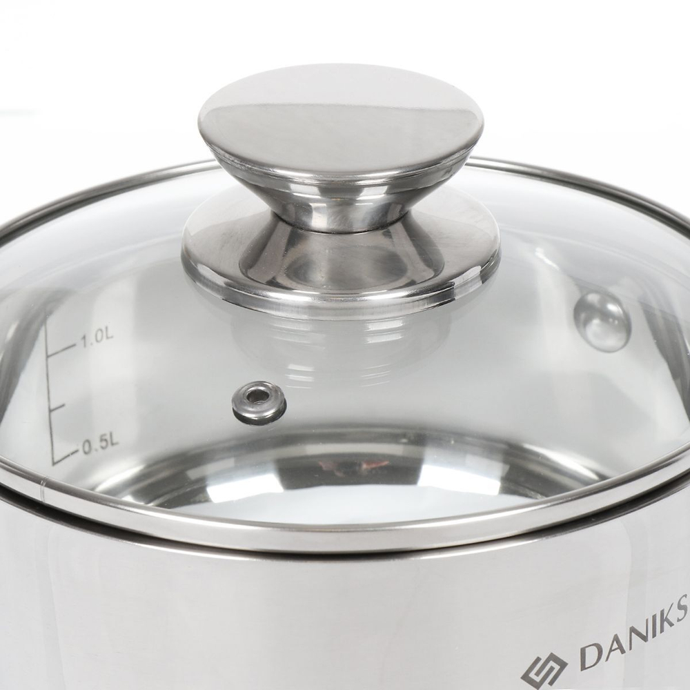 Ковш нерж, 1.6 л, крышка стекло, металл ручка, Daniks, Оптима, GS-01201-16SP