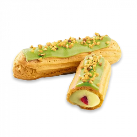 Эклер с фисташковым заварным кремом и малиной
