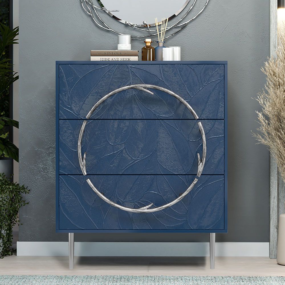 Комод Арт Колор leaves с 3-мя ящиками Стайл Сильвер Королевский синий