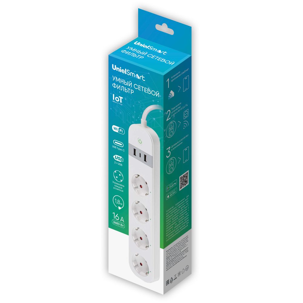 P-GCL4-1.8 A201-UC-WF WHITE Умный сетевой фильтр Wi-Fi. 1.8м Пвс 3х1.5. 4 гнезда. с-з. 2USB+Type-C 5В. 3A. 16A. До 3680Вт. Голосовое управление+приложение UnielSmart. TM Uniel
