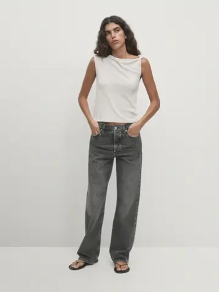 Massimo Dutti Хлопковый топ с драпировкой на плечах, белый