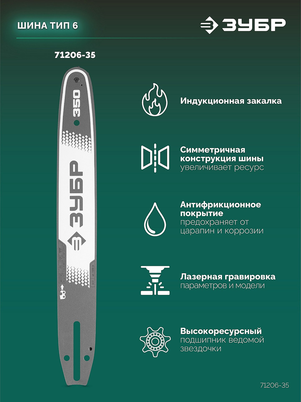 ЗУБР тип 6, 35 см, шаг 3/8″, паз 1.1 мм, 52 звена, шина (71206-35)