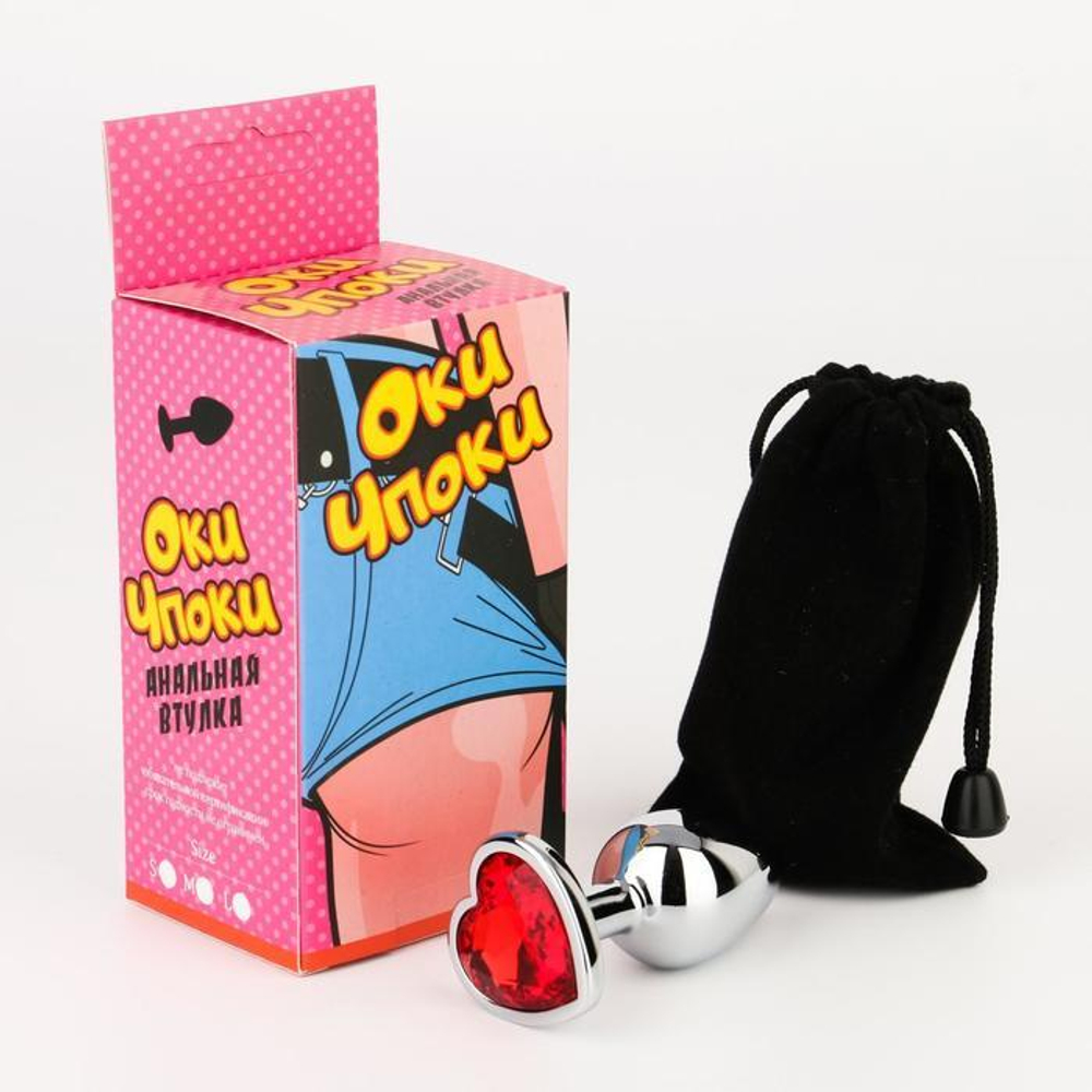 Серебристая анальная пробка с красным кристаллом в форме сердца - 7 см. (Цвет: серебристый)