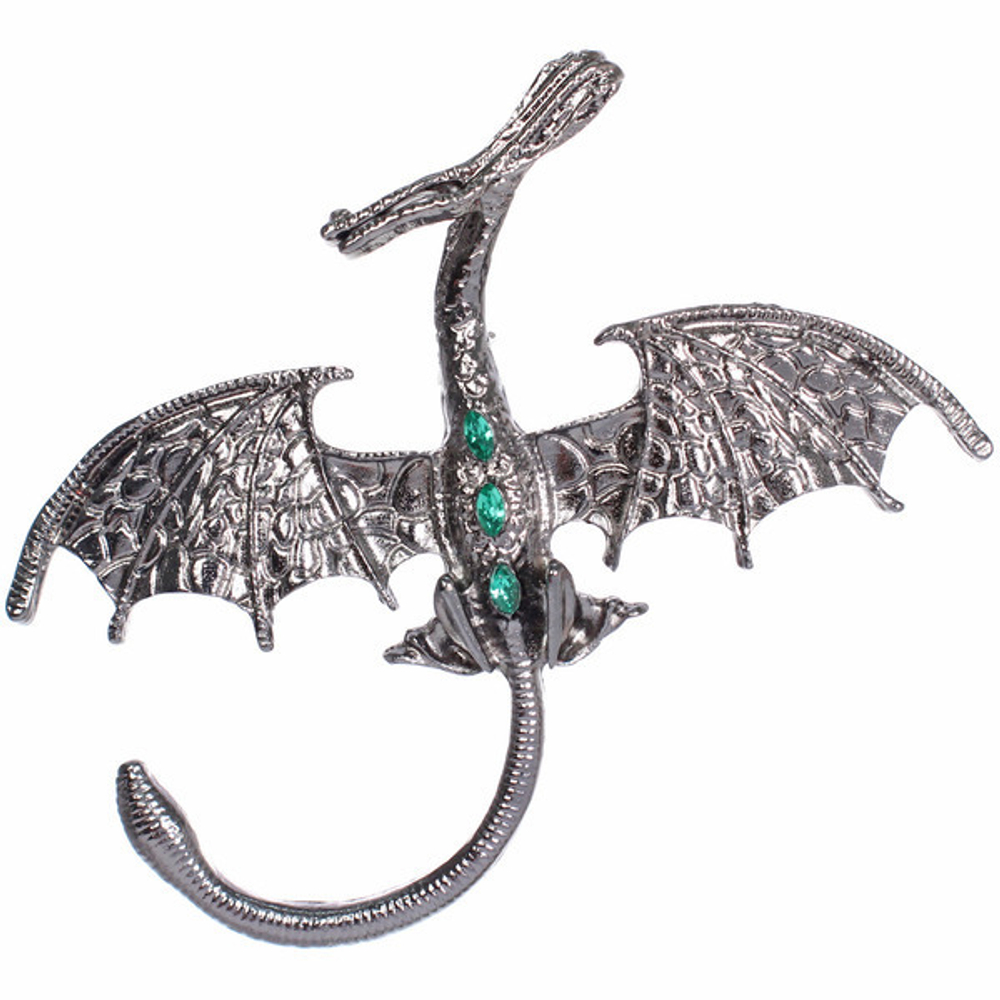 Брошь - оберег «Best Podarok - Серебряный дракон с зелеными стразами», 4.7*4.7см