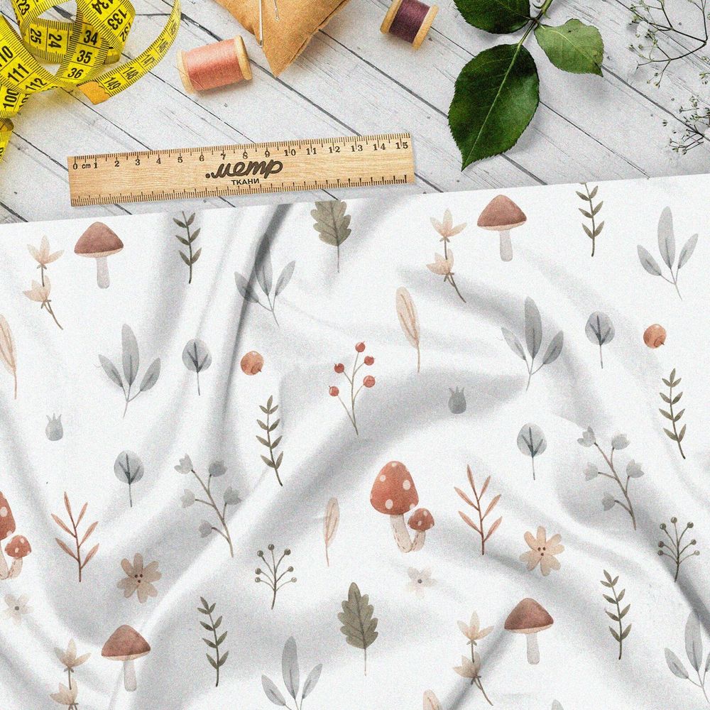 Ткань поплин осенние грибы с листочками