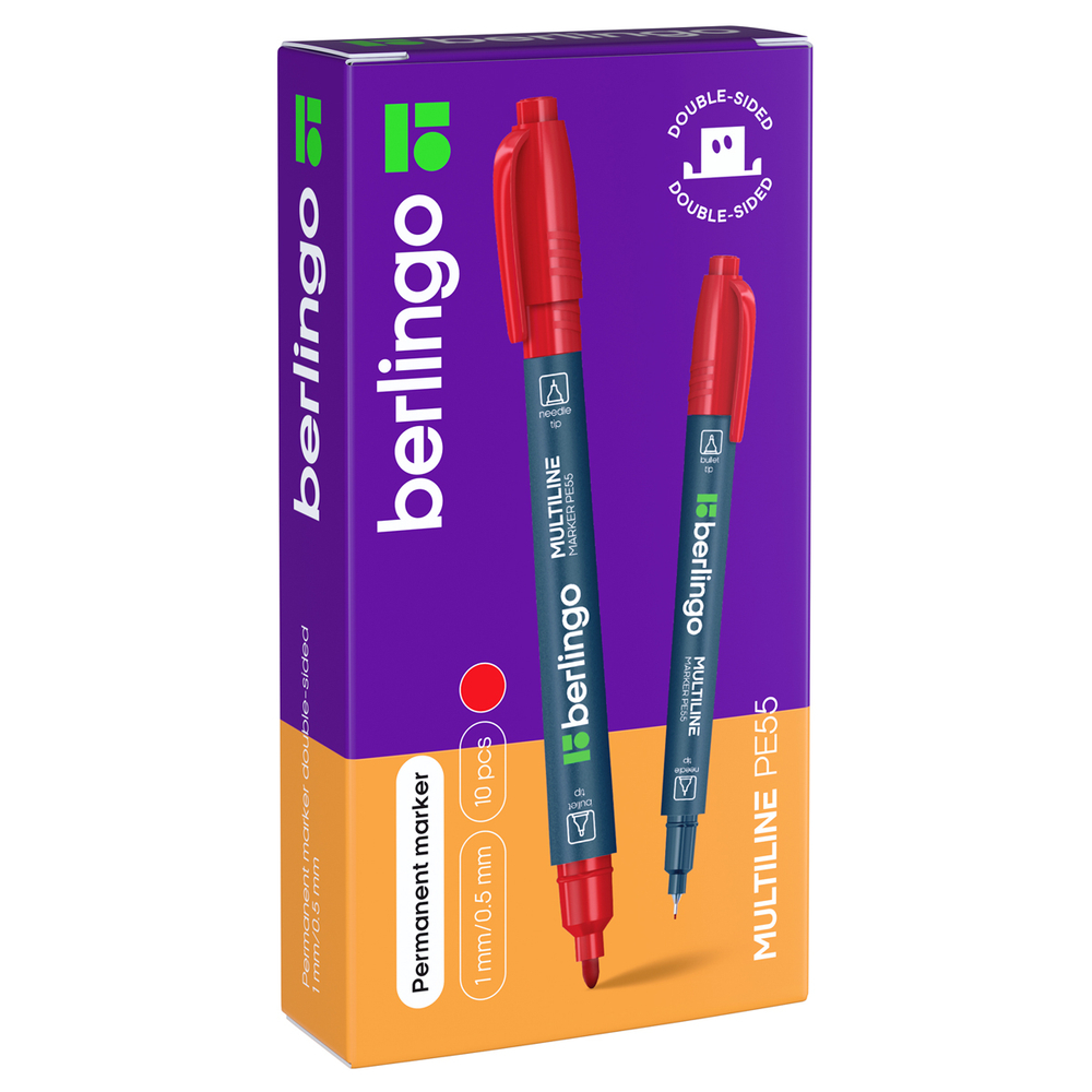 Маркер перманентный двухсторонний Berlingo "Multiline PE55" красный, пулевидный, 0,5/1мм