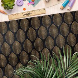 Ткань оксфорд 210 бронзовые листья на чёрном фоне