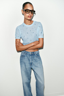 ZARA ТРИКОТАЖНЫЙ СВИТЕР С КОРОТКИМИ РУКАВАМИ, ПАСТЕЛЬНО-СИНИЙ