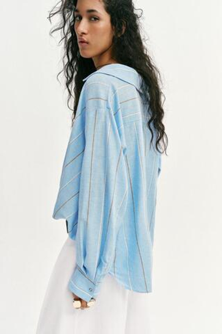 ZARA РУБАШКА ИЗ ЛЬНА С ОБЪЕМНЫМ НИЗОМ, ПЕСОЧНЫЙ/СИНИЙ