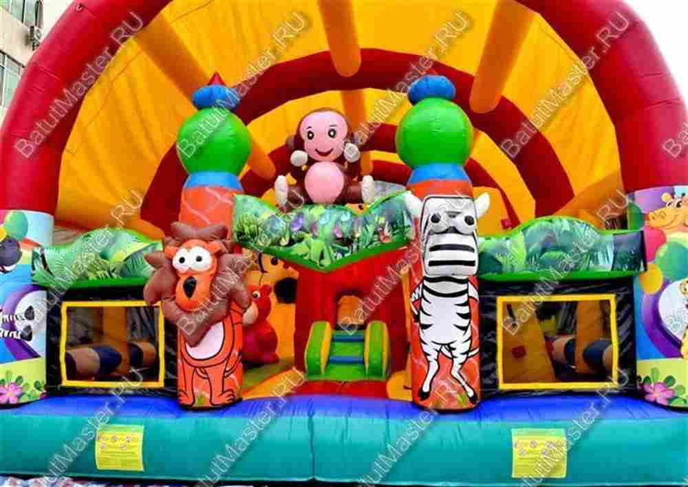 Надувной батут "Зверята с крышей 3" со скалодромом, 13*7*6 м