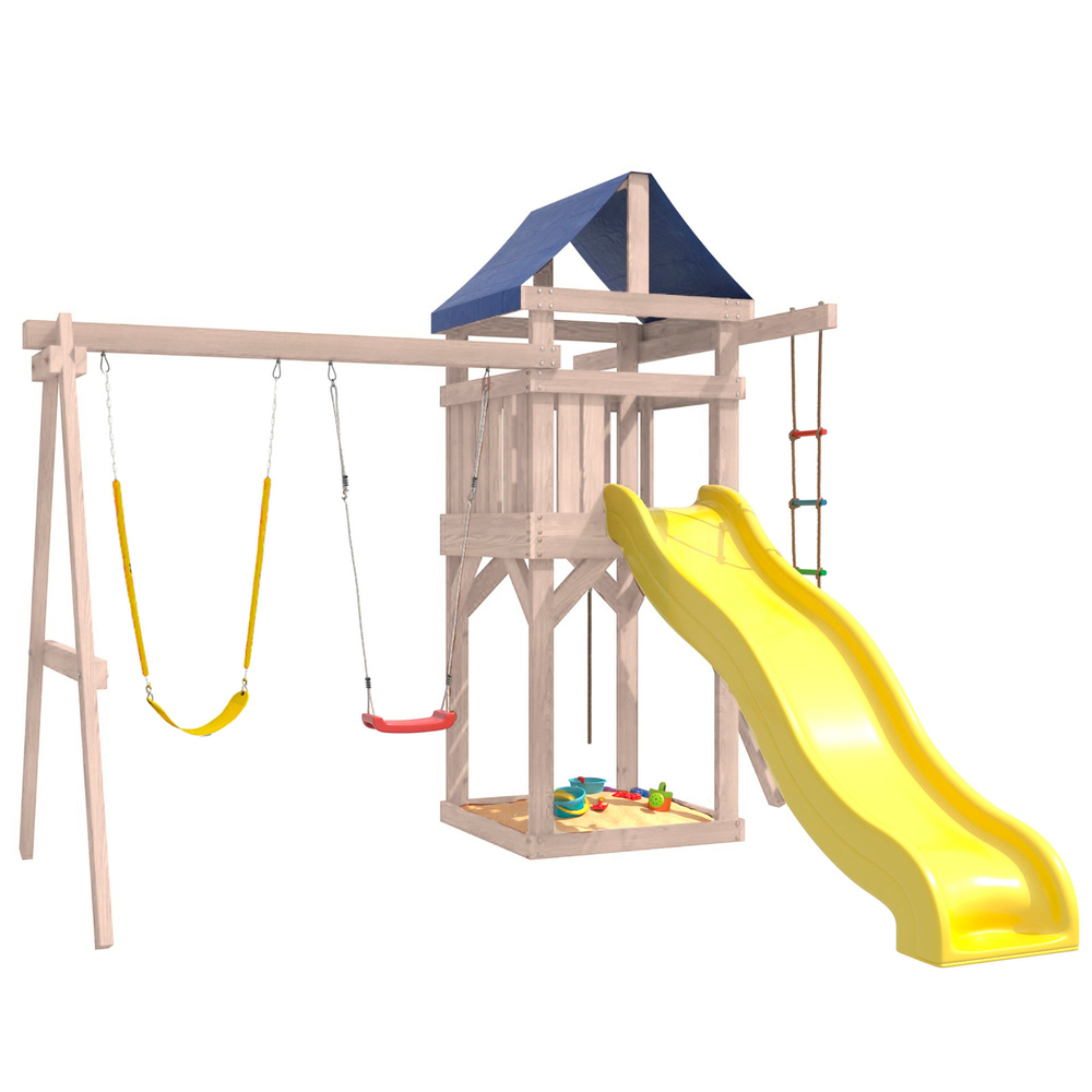 Детская площадка неокрашенная с гибкими качелями в желтом цвете и лодочкой IgroWoods для улицы и дачи