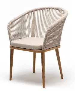 "Марсель" стул плетеный из роупа, основание дуб, роуп бежевый круглый, ткань бежевая 052