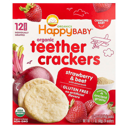 Happy Family Organics, Happy Baby, органические крекеры для зубов, клубника, свекла и амарант, 12 пакетиков по 4 г (0,14 унции)