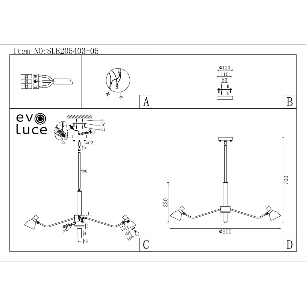 SLE205403-05 Светильник подвесной Черный, Латунь/Белый E14 5*60W