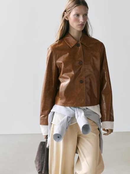 Massimo Dutti Укороченная куртка из кожи наппа, цвет верблюжьей шерсти