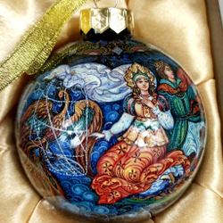 Сувенирный набор из 4-х новогодних шаров и верхушки с ручной росписью Палех "Сказки"