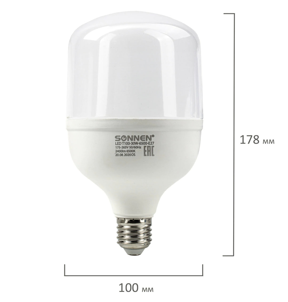 Лампа светодиодная SONNEN, 30 (250) Вт, цоколь Е27, цилиндр, холодный белый, 30000 ч, LED Т100-30W-6500-E27, 454924ОЗ