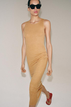 ZARA ПЛАТЬЕ МИДИ СО СБОРКАМИ, СВЕТЛЫЙ ЖЕЛТО-КОРИЧНЕВЫЙ